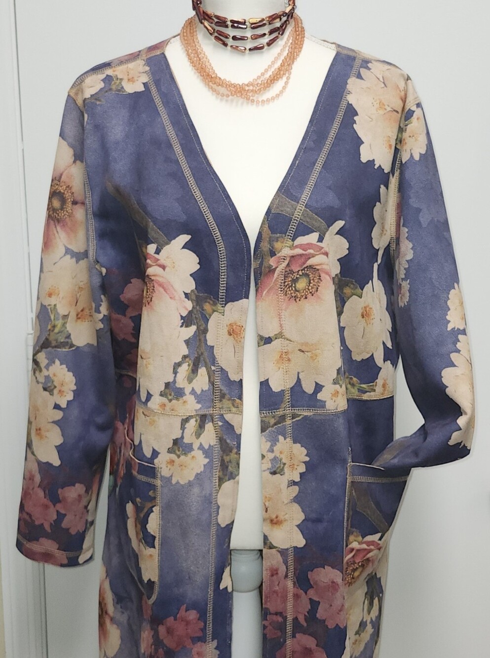 Women's Floral Open Front Coat - Navy Blue Floral